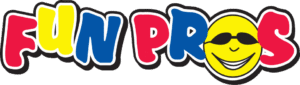 The words "FUN PROS" in colorful, bold letters with a smiling yellow face wearing sunglasses replacing the letter "O" in "PROS.