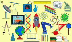 Collage of science-themed objects, including a rocket, microscope, 3D printer, DNA strand, globe, virus model, lab equipment, and geometric tools on a light yellow background.